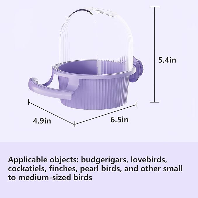 No Mess Bird Feeder for Cage, Parakeet Feeder with Easy Refill Top Hole, Semi Enclosed Dome Design for Food or Water, Prevents Seed Scatter, PC+ABS, Purple (6.5 x 4.9 x 5.4 in)