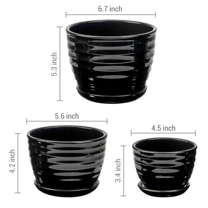 MyGift Black Ceramic Pots for Plants, 6.7+5.6+4.5 inch Flower Pots, Plant Pots Indoor with Drainage Holes and Tray, Garden Planters for Succulent and Flowers, Set of 3