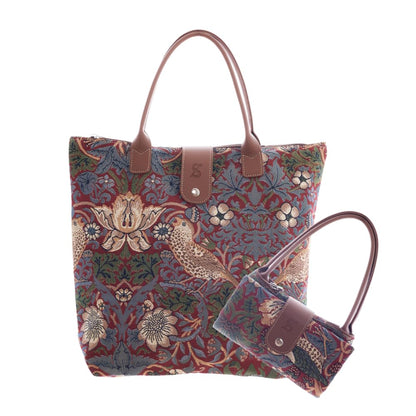 Signare Tapestry Foldable Tote Bag Reusable Shopping Bag Grocery Bag With William Morris Red Strawberry Thief Design (FDAW-STRD)