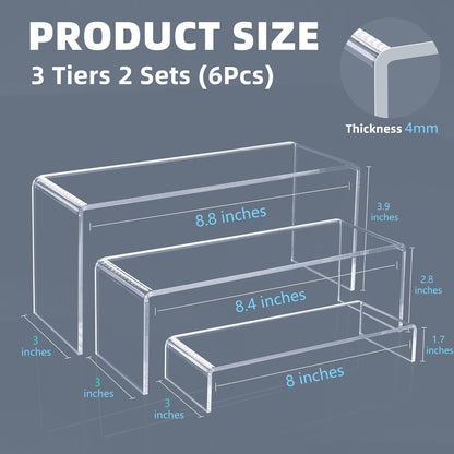 Goabroa 2 Sets 6 Pcs Clear Cupcake Display Risers 3 Tiers Rectangular Risers Display Stands 4mm Thick Collectibles Jewelry Display Shelf Lego Display Shelves Risers