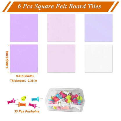 HULAVO Square Felt Cork Bulletin Board Tiles, Self Adhesive DIY Felt Pin Board for Wall 30" x 20" with 35 Pushpins for Office School Home Wall Decor Stickers Memos Photos Display (Purple+Pink)