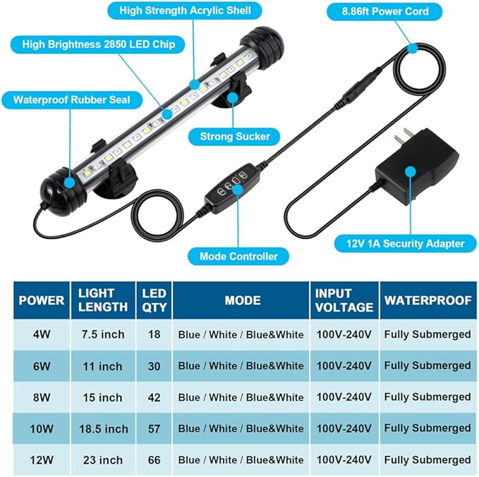 DaToo 6W 11inch Submersible Aquarium Light Underwater Fish Tank Light LED Aquarium Light Bar with Timer Auto On/Off and Dimmer Adjustable Brightness, 1 Yr Warranty