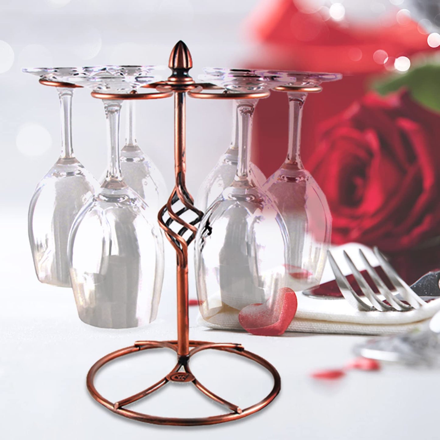 QPIX DIGITAL Wine Glass Rack, Bronze, Elegant Countertop Stemware Storage with 6 Hooks, Easy Assembly, Durable, 11"W x 11"L x 6"H