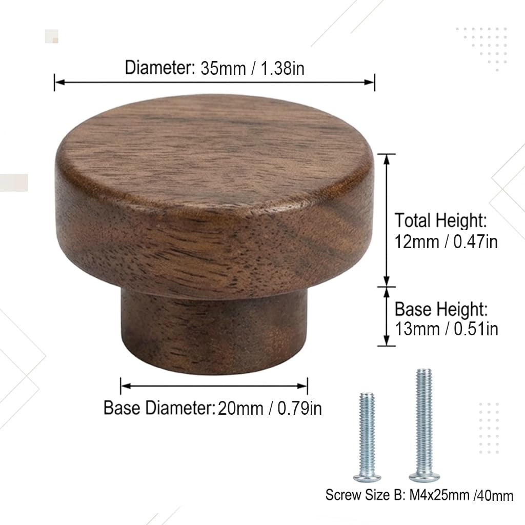 EasTeebw Mid Century Modern Walnut Mushroom Knobs for Cabinet,Drawer,Dresser and Closet Doors.Round Vintage Brown Wooden Crafts Furniture Knobs,Pulls and Handles (1.38‘’ Round Knobs, 6)