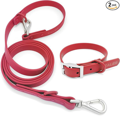 ZALER Dog Collar and Leash Set, Waterproof Adjustable Odor Proof Pet Collars Leashes Easy to Clean, 6FT Dog Leash with 2 Hooks for Large, Medium Small Dogs (L, Red)