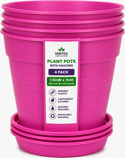 Mintra Garden Pots, 4 Pack Bulk Plastic Plant Pots with Drainage Tray, Round Indoor & Outdoor Decorative Planters with Drain Holes for Flowers, Herbs & Plants, 19cm Diameter – Fuchsia, 7.5in Wide