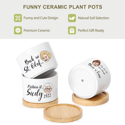 Mikopei Golden Girls Merchandise - Funny Succulent Pots Set of 4, Golden Girls Gifts for Women, Ceramic Mini Cute Planters with Bamboo Tray for Office Desk Indoor Decorations
