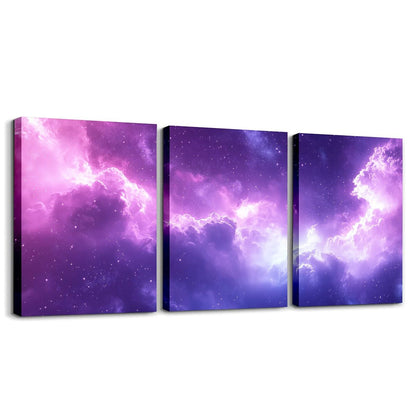 Feelyou Purple Galaxy 3 Piece Canvas Wall Art for Living Room Bedroom 3D Printed Space Wall Art for Home Decor Dreamy Nebula Office Decor Artwork Outer Space Picture Painting Posters