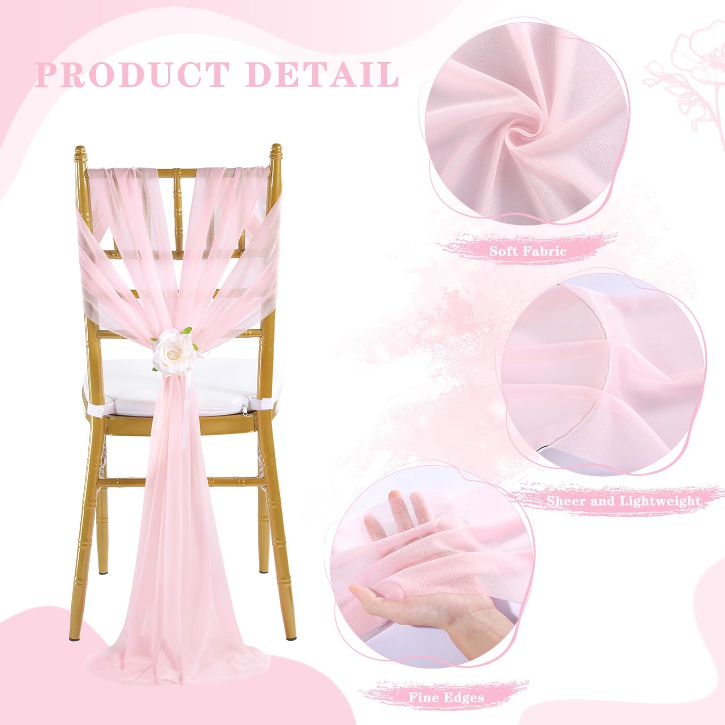 Fanqisi Pink Chair Sashes 16 Pieces 240cm Long Chair Bows Sashes Sheer Tulle Flowy Fabric for Wedding Aisle Chairs Decoration