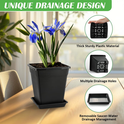 BTPLASTIK 9 Inch Square Planters for Indoor Plants, 8 Pack Large Plastic Plant Pot with Drainage & Saucer, 3 Gallon Modern Decorative Thick Outdoor Garden Container for Potted Plants