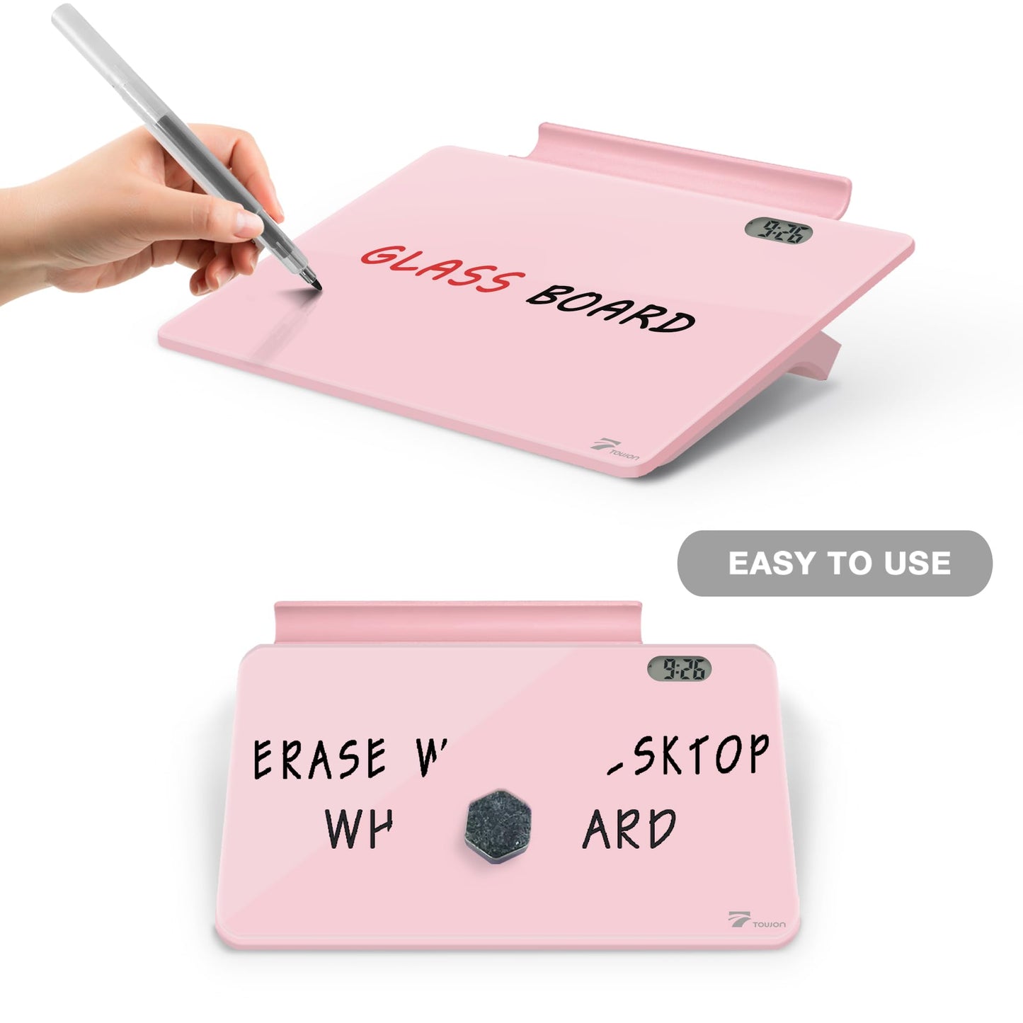 Small Glass Desk Whiteboard Dry-Erase Board with Clock, Small Travel Reminder Clock Keychain with Desk Notepad, Time Table Whiteboard for Desk Digital LED Light Display, 8x6 in with Accessories, Pink