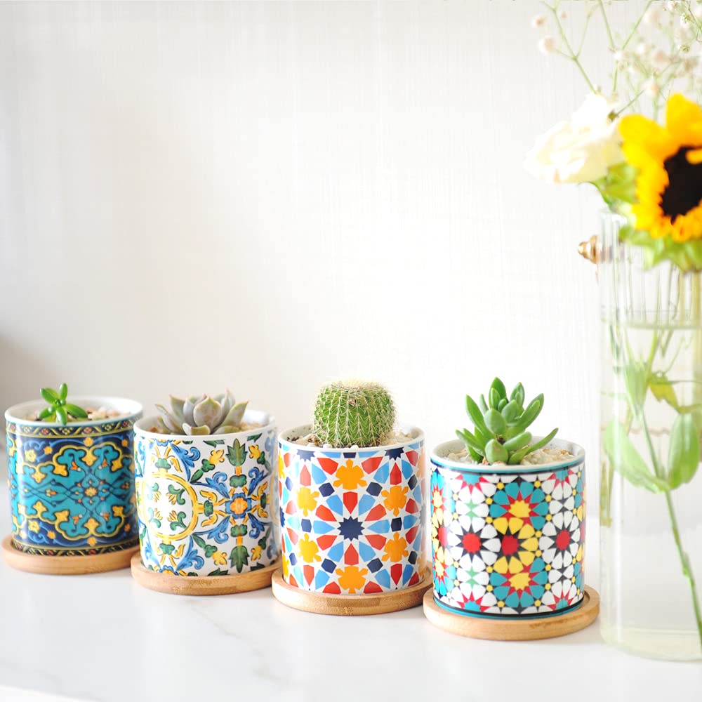 Ascrafter 6 Pack Mandala Succulent Plant Pot with Bamboo Trays, Ceramic Multicolored Succulent Container Planter Pot for Small Plant