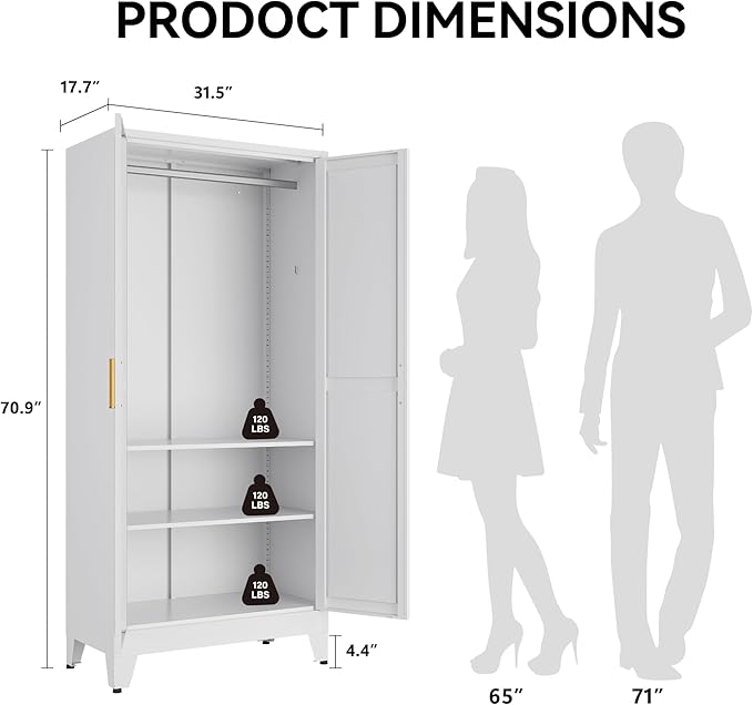 COFaR 71" Metal Wardrobe Closet with Adjustable Hanging Rod & 2 Shelves, Freestanding 2-in-1 Armoire Cabinet with Large Top/Bottom Storage, White Steel Closet Organizer