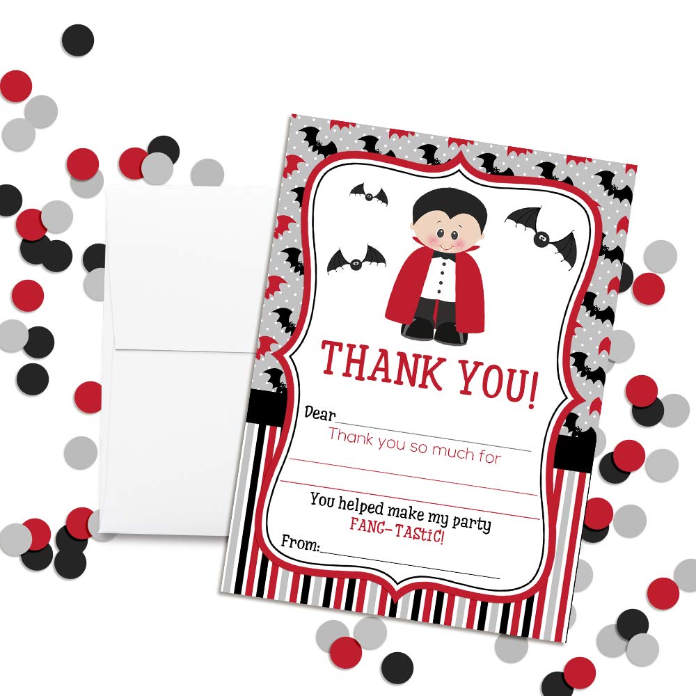Dracula Fang-tastic Halloween Vampire Birthday Thank You Notes for Kids, Ten 4" x 5.5" Fill In The Blank Cards with 10 White Envelopes by AmandaCreation