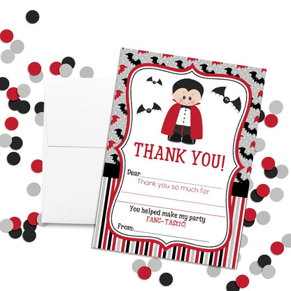 Dracula Fang-tastic Halloween Vampire Birthday Thank You Notes for Kids, Ten 4" x 5.5" Fill In The Blank Cards with 10 White Envelopes by AmandaCreation