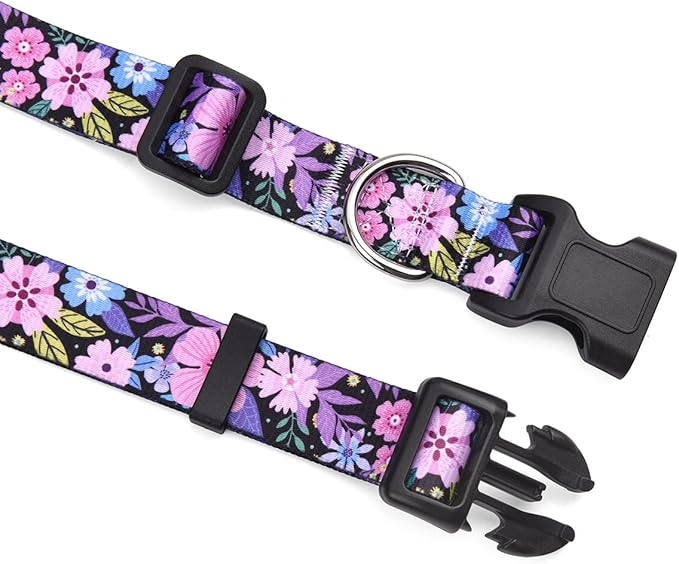 Mihqy Dog Collar and Leash Set with Bohemia Floral Tribal Geometric Patterns - Soft Ethnic Style Collar Adjustable for Small Medium Large Dogs(Pink Floral Set,M)