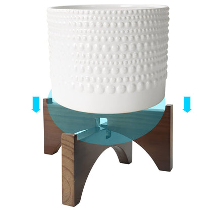 LA Jolie Muse Ceramic Planter with Wood Stand - 8 Inch White Cylinder Embossed Hobnail Patterned Flower Plant Pot Indoor