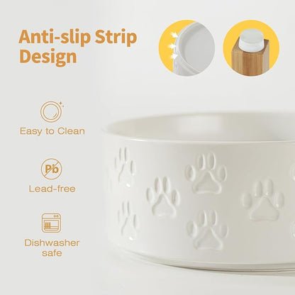 Elevated Ceramic Dog Bowls, 8.3" Dog Dishes with Stand, Elevated Food & Water Bowls for Large Breed Dogs, 2 Non-Slip Feeding Bowls, Microwave Safe (Double Bowls + Stand - White, 8 inch)