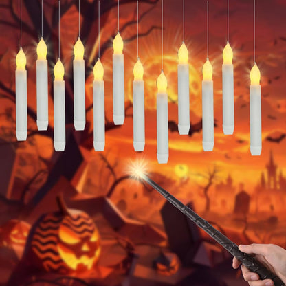 LONGSUOCHUANG Magical Floating Candles with Wand - 20 Pcs Battery Operated Flameless Candles, Realistic Warm Yellow Flickering Light with Remote for Halloween Indoor, Christmas, Home Decor