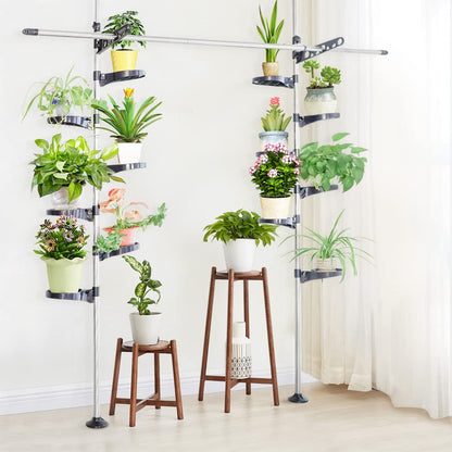 BAOYOUNI Indoor Tension Plant Pole Stands Double Rods Flower Pots Storage Shelf Floor to Ceiling Display Rack Hanger with 12 Trays, 2 Hooks & 1 Telescopic Rod for Clothes Drying, Navy Blue