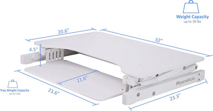 Rocelco 32" Height Adjustable Standing Desk Converter with Anti Fatigue Mat BUNDLE | Sit Stand Up Dual Monitor Riser | Computer Workstation | Large Retractable Keyboard Tray | White (R ADRW-MAFM)