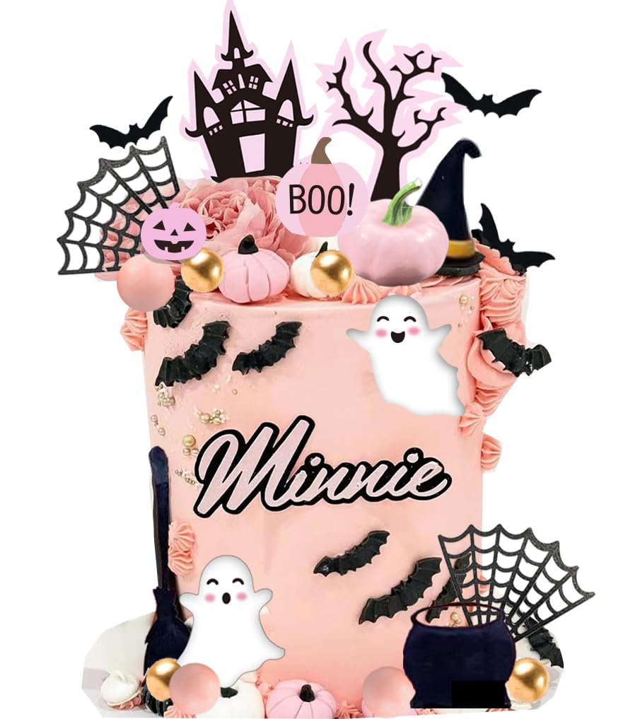 Pink Pumpkin Cake Topper - Boo Spooky Witch Ghost Flower Toppers for Halloween Birthday Baby Shower Party Supplies