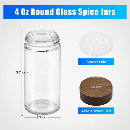 VIBRATITE 30 Pack Spice Jars with Acacia Lids, 4 oz Round Glass Jars Spice Containers Set with Labels, Pen, Funnel, Seasoning Storage Bottles with Shaker Lids for Rack, Cabinet, Drawer