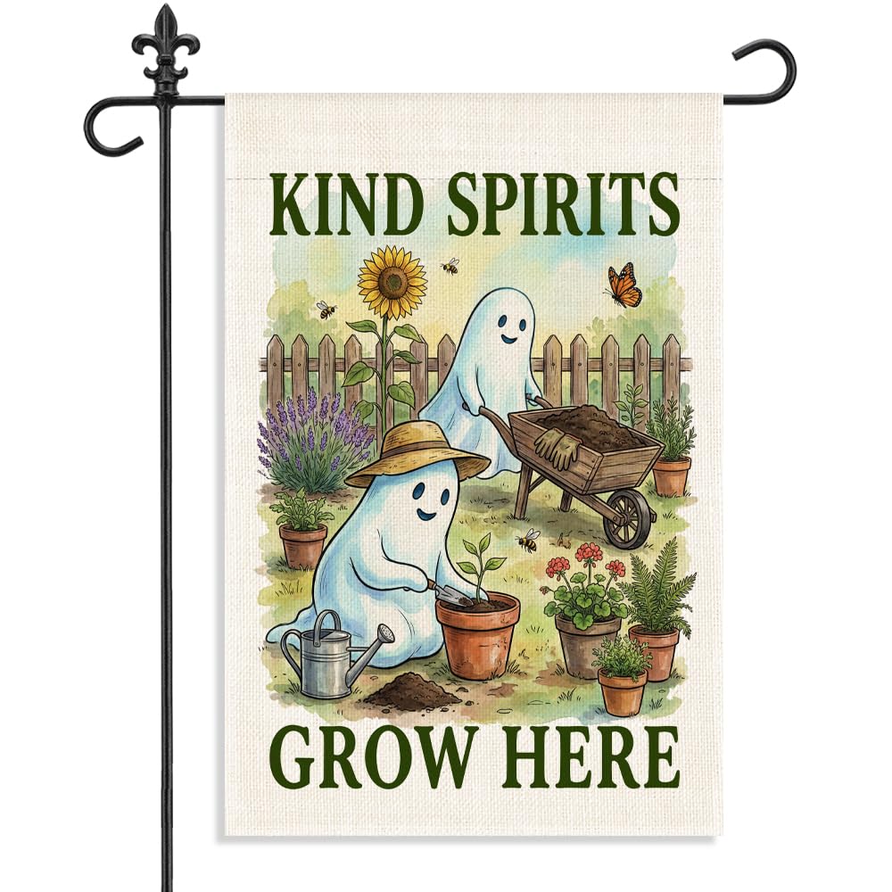 WHTYEFZ Kind Spirits Grow Here Garden Flag, Halloween Ghost Gardening Decor, 12 x 18 Inch Double Sided Cute Floral Planting Yard Flag, Halloween Gifts for Gardener Neighbor Friend Family Plant Lover