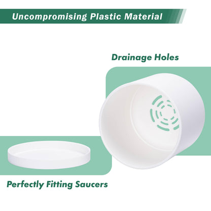 D'vine Dev 4 Pack 6 Inch Modern Plastic Plant Pots, Small Garden Planters for Plant with Drainage Holes and Saucers, White Color, 74-Z-J-2