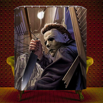 Hdem Halloween Shower Curtain Set for Bathroom- Scary Evil Killer Michael Myers, Horror Movie Themed Holiday Polyester Fabric Decoration with Hooks and Toilet Stickers, Christmas Party Decor 72x72