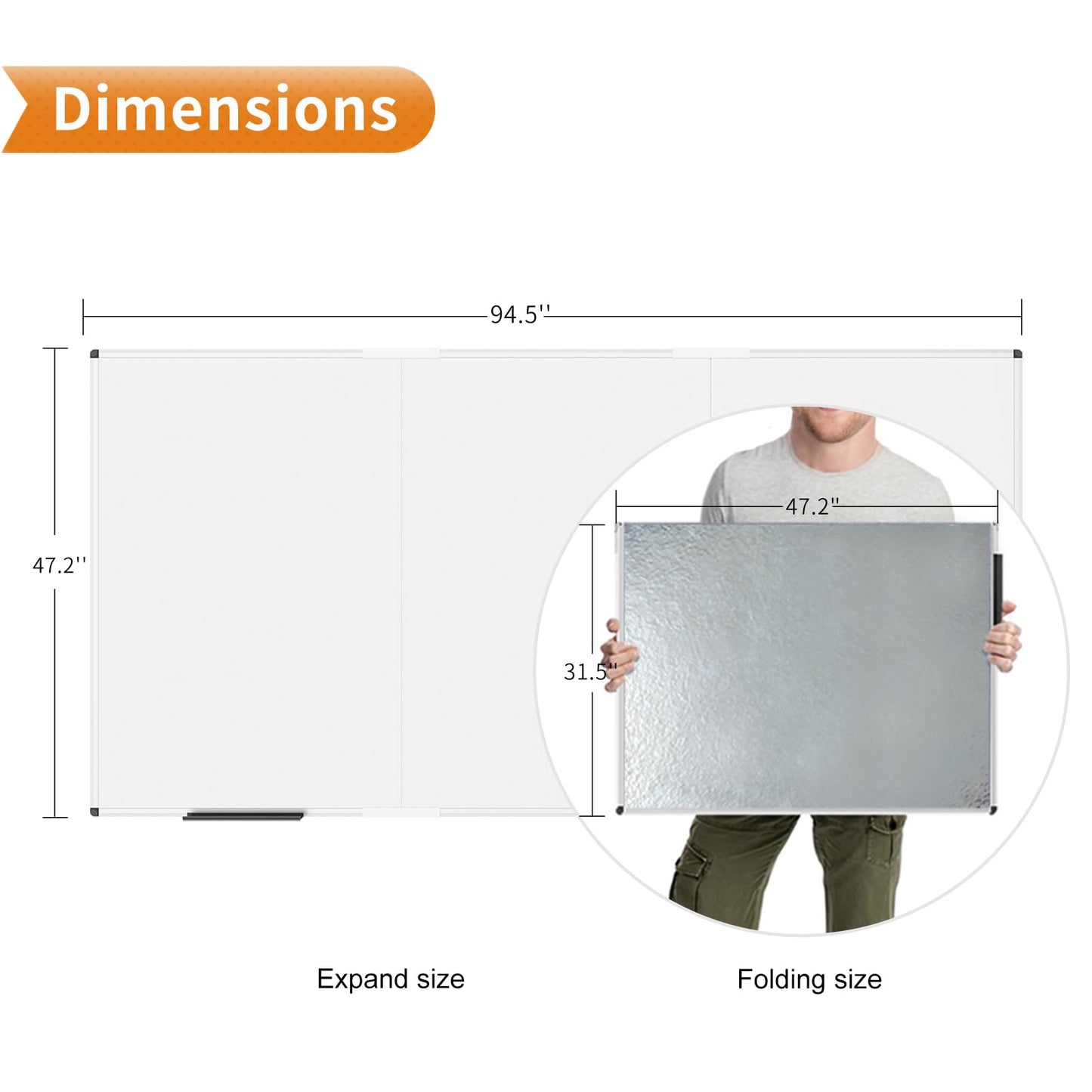 VIZ-PRO Large Magnetic Whiteboard/Foldable Dry Erase Board, 96 X 48 Inches, Wall Mounted White Board for School Office and Home 8' x 4'