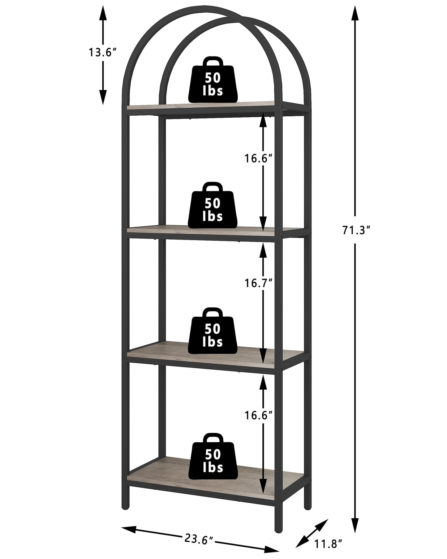 Yusong Bookshelf 4 Tier Arched Bookcase, 71.3" Tall Industrial Open Book Shelves for Living Room, Modern Freestanding Display Shelving Storage Rack Metal Frame, Office, Bedroom, Grey