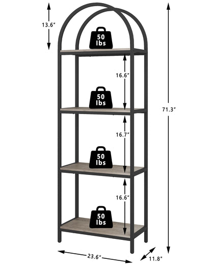 Yusong Bookshelf 4 Tier Arched Bookcase, 71.3" Tall Industrial Open Book Shelves for Living Room, Modern Freestanding Display Shelving Storage Rack Metal Frame, Office, Bedroom, Grey