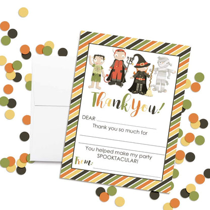 Halloween Costume Party Thank You Notes for Kids, Ten 4" x 5.5" Fill In The Blank Cards with 10 White Envelopes by AmandaCreation