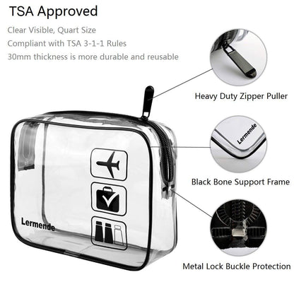Lermende 2pcs Clear Toiletry Bag TSA Approved Travel Bag,Carry On for Travel,Airport Airline Accessories Compliant Bag,Quart Sized Makeup Cosmetic bag Women Men (Black, 2 Pack)