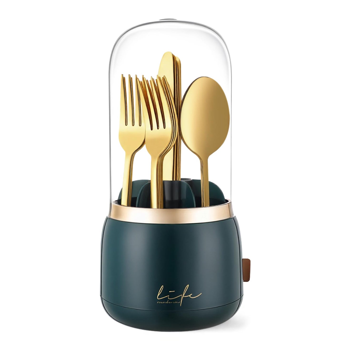 EXIN DECHEN 360 Rotation Silverware Organizer for Kitchen Counter, Utensil Holder Caddy with Cover, Spoon and Fork Organizer, 7 Slots and Intermediate Drainage Device