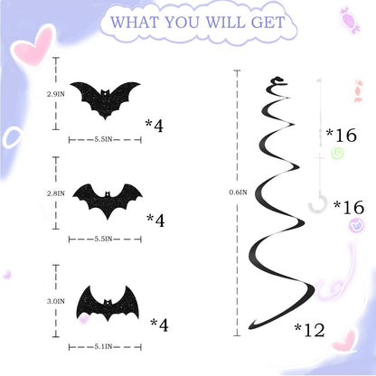 24pcs Halloween Bat Hanging Swirl Decorations, Flying Bats Signs Ceiling Whirl Streamer Hanging Banner, Black Bat Hanging Swirls for Halloween Party Decoration