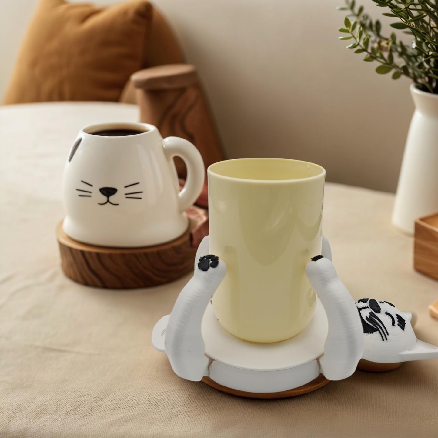 Funny Cat Coasters Cup Cuddler, 3D Printed Creative Coasters for Drinks, Bars, Party, Birthday Gifts for Cat Lovers, Home Decor Housewarming and White Elephant Gifts Ideas (Black+White)