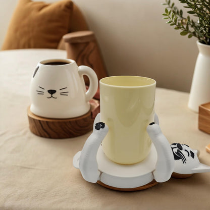 Funny Cat Coasters Cup Cuddler, 3D Printed Creative Coasters for Drinks, Bars, Party, Birthday Gifts for Cat Lovers, Home Decor Housewarming and White Elephant Gifts Ideas (Black+White)