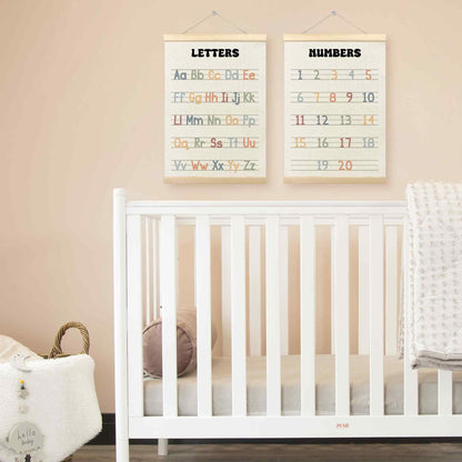 TLESKE Alphabet ABC Numbers Chart Poster Hanger Frame for Toddler Kid Classroom Set of 2, Homeschool Hanging Wall Art Decor for Nursery Playroom, Preschool Prek Learning Educational Poster, 12x16