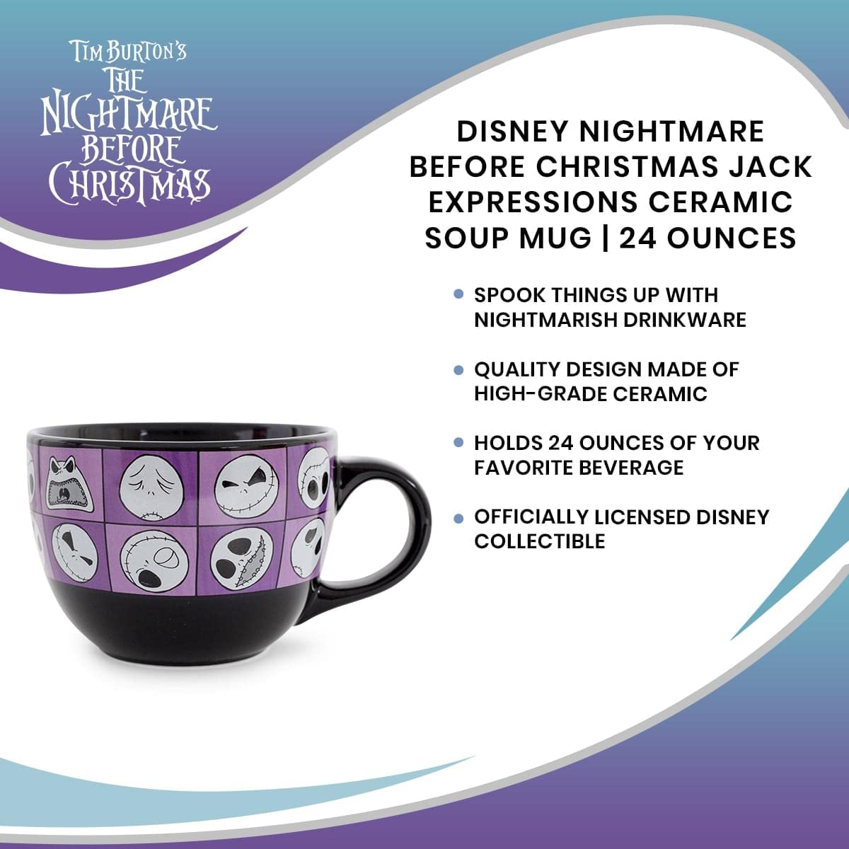 Nightmare Before Christmas Disney The Jack Expressions Ceramic Soup Mug | Bowl For Ice Cream, Cereal, Oatmeal | Large Coffee Cup For Espresso, Caffeine | Home & Kitchen Essentials | Holds 24 Ounces