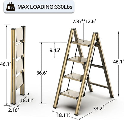 4 Step Ladder, Aluminum Folding Step Stool with Anti-Slip Sturdy and Wide Pedal, Lightweight Portable Stepladder for Home and Kitchen Use, Gold, 330 lbs