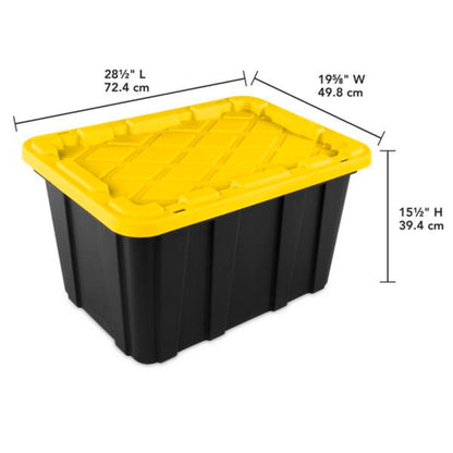 Sterilite 4-Pack 27 Gallon Industrial Storage Tote, Heavy-Duty Plastic Bins, Black/Yellow - Stackable Utility Organizers with Lids for Garage, Camping Tools, and Outdoor Gear