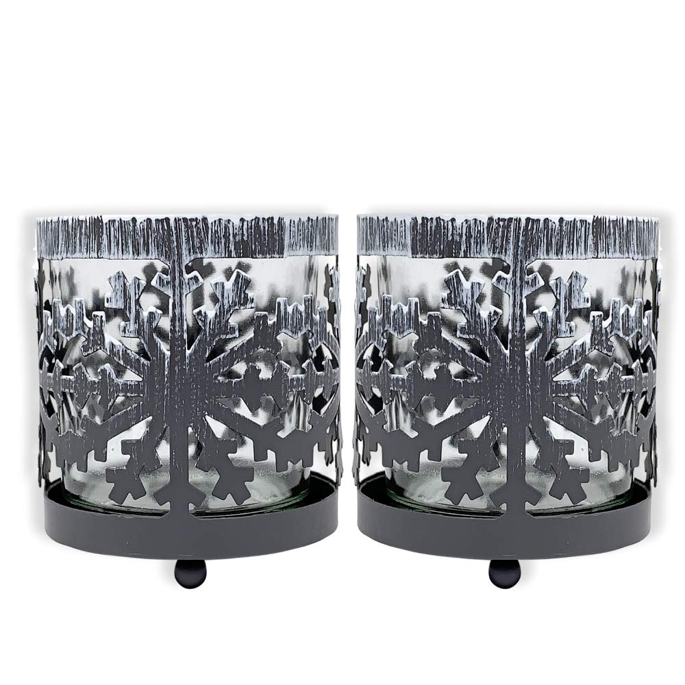 Metal Snowflake Candle Holders Set of 2 with Glass Votive Inserts, Winter Table Centerpiece Decorations, Christmas Snowflake Decor for Dining Table, Mantel, Shelf, Holiday Home Accent, 3 Inch Height
