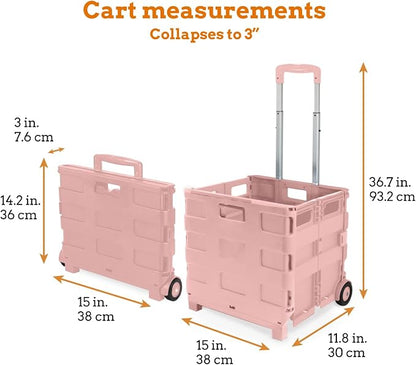 Inspired Living Ultra-Slim Rolling Collapsible Storage Pack-N-Roll Utility-carts, with Telescopic Handle, for Home, Garden, Shopping, Office, School use, Medium, Raspberry Pink