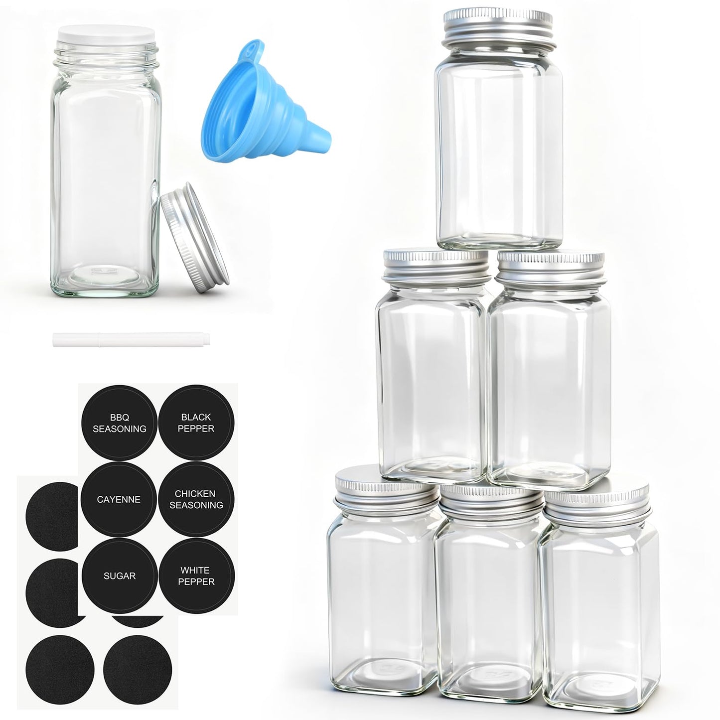 DkOvn 12pcs Glass Spice Jars, 4oz Empty Spice Jars with Metal Caps, Labels, Shaker Lids, Collapsible Funnel, Chalk Pen, Seasoning Organizer for Spice Rack