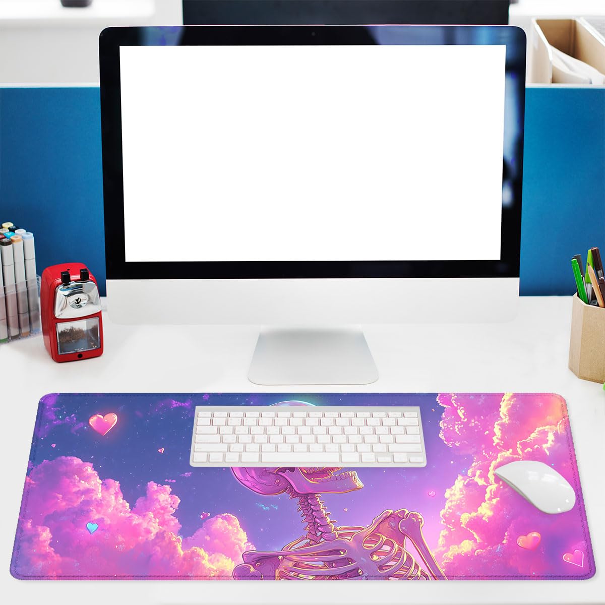 Cute Cartoon Skeleton Gaming Mouse Pad Pink and Purple Cloud Extended Mousepad Waterproof Stitched Edges Rubber Base Non-Slip Deskpad Computer Keyboard Mat 31.5"x11.8"