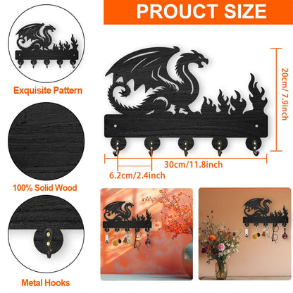 INFUNLY Dragon Black Wooden Key Holder for Halloween 7.9"×11.8" Flame Key Holder Wall Mount Dragon Key Holder Rack with 5 Hooks Key Organizer Rack Hanger for Home Entryway Living Room Bags Umbrella