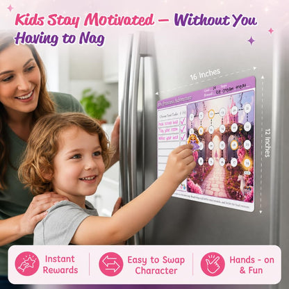 Mimi Doodle Magnetic Reward Chart for Kids – 16x12 Reusable Progress Path & Milestone Board for Fridge with mini Magnetic Characters as Goal Tracker – Behavior Chart for Kids at Home – Princess Quest