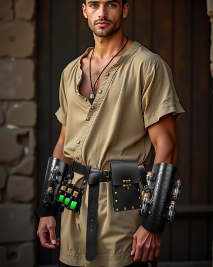 Medieval Renaissance Viking Bracer Wrist Guard, Leather Belt Pouch with Witch Bottle Vials, Festival Costume Accessory Waist Bag (Black)